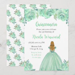 Invitación Blonde Hair Princess Mint Floral Quinceanera