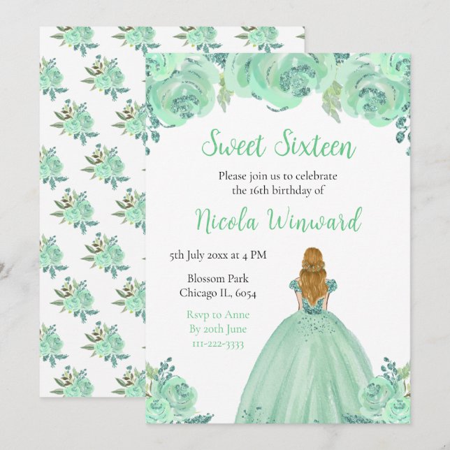 Invitación Blonde Hair Princess Mint Floral Sweet 16 (Anverso / Reverso)