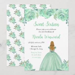 Invitación Blonde Hair Princess Mint Floral Sweet 16
