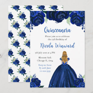 Invitación Blonde Hair Princess Navy Floral Quinceanera