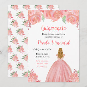 Invitación Blonde Hair Princess Pink Floral Quinceanera