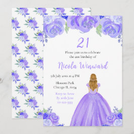 Invitación Blonde Hair Princess Purple Floral Birthday Party