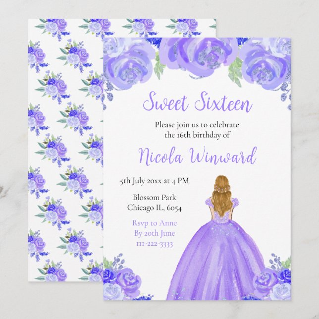 Invitación Blonde Hair Princess Purple Floral Sweet 16 (Anverso / Reverso)