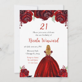 Invitación Blonde Hair Princess Red Floral Birthday Party