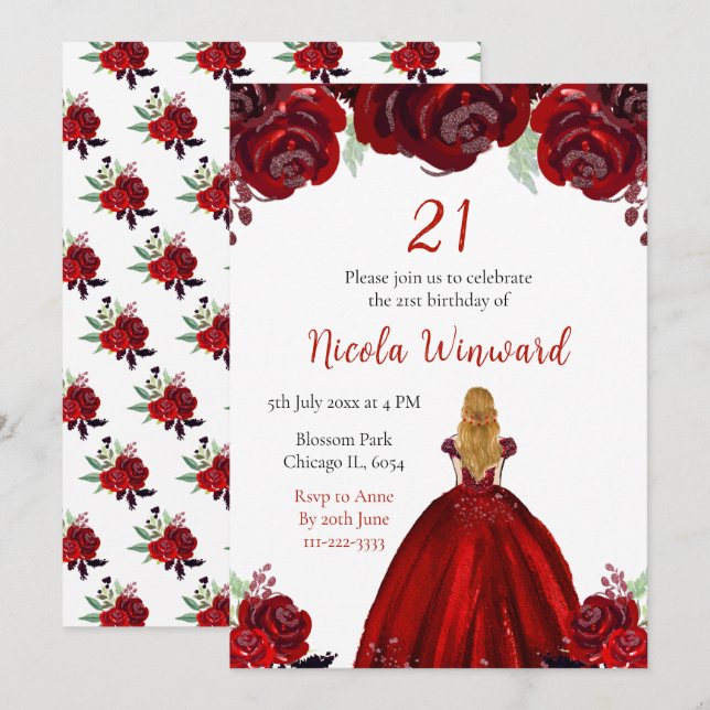 Invitación Blonde Hair Princess Red Floral Birthday Party (Anverso / Reverso)