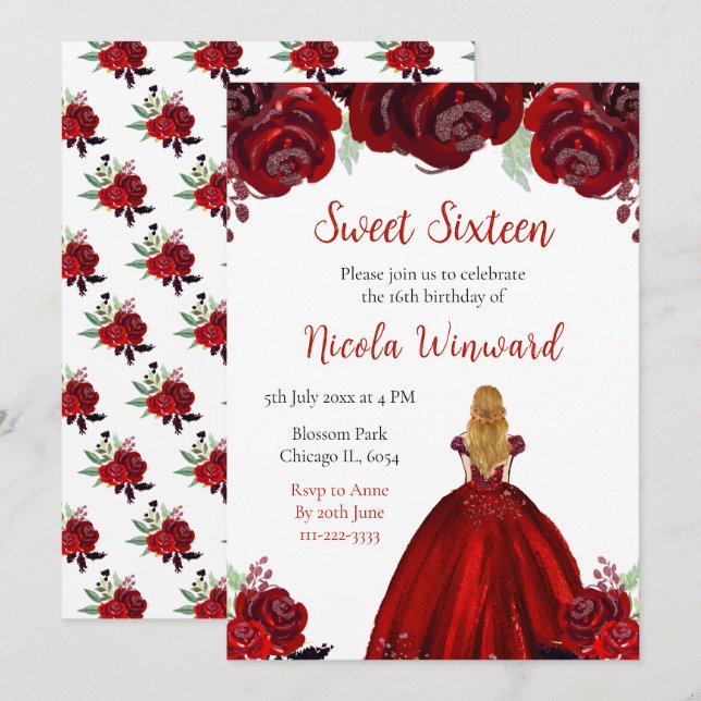 Invitación Blonde Hair Princess Red Floral Sweet 16 (Anverso / Reverso)