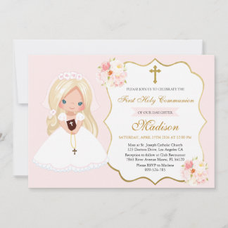 Invitación Blonde haired Girl First Communion Soft Pink