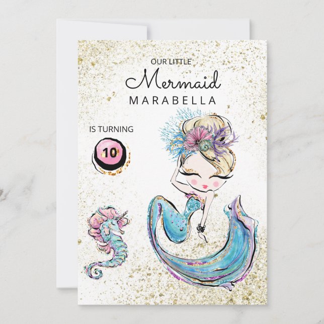 Invitación *~* Blonde Mermaid Purpurina de Oro Cabello Cumple (Anverso)