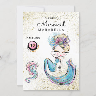 Invitación *~* Blonde Mermaid Purpurina de Oro Cabello Cumple