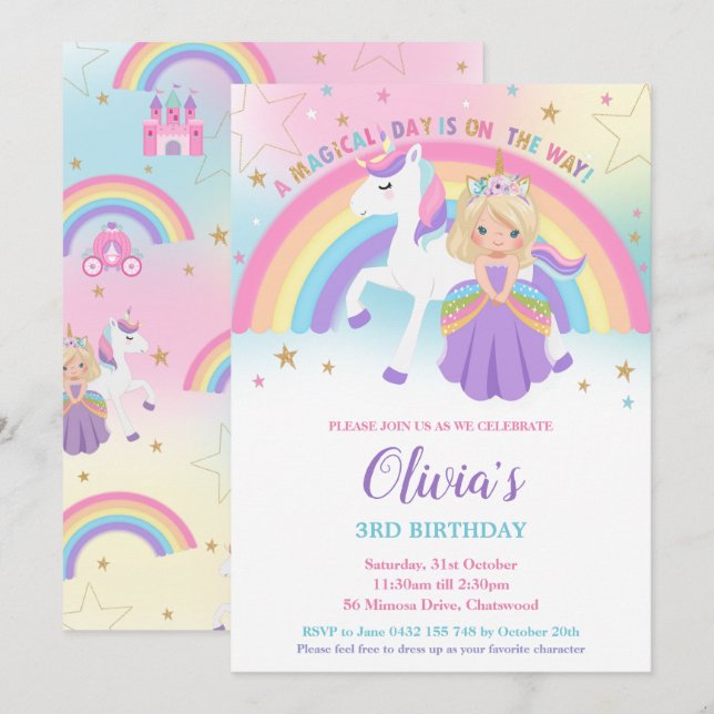Invitación Blonde Princesa Unicornio Fiesta de Cumpleaños Arc (Anverso / Reverso)