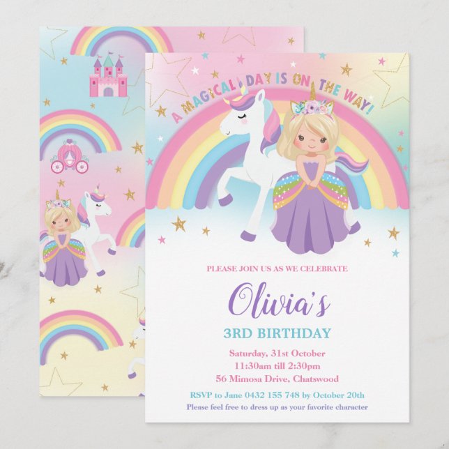 Invitación Blonde Princesa Unicornio Fiesta de Cumpleaños Arc (Anverso / Reverso)