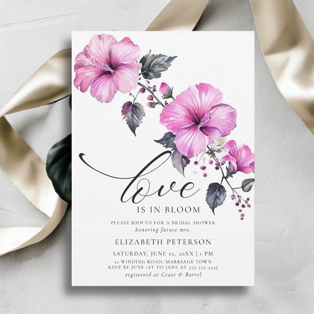 Invitación Bloom Amor Negrita Hibiscus Tropical Brillante (love is in bloom bridal shower invitation tropical pink bold hibiscus flowers floral elegant chic)