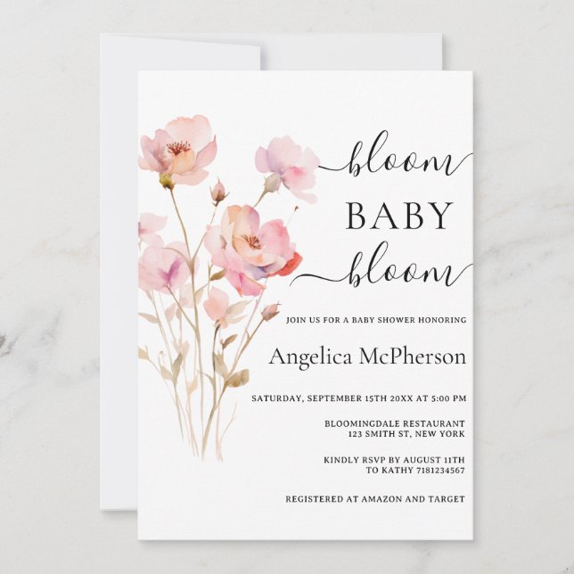INVITACIÓN BLOOM BABY BLOOM PINK RUBOR WATERCOLOR WILDFLOWERS (Anverso)
