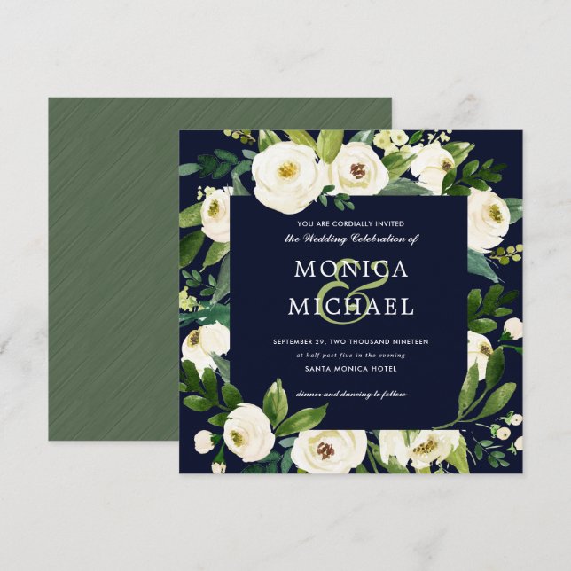 Invitación Bloom blanco | Boda Botánico Floral Azul (Anverso / Reverso)