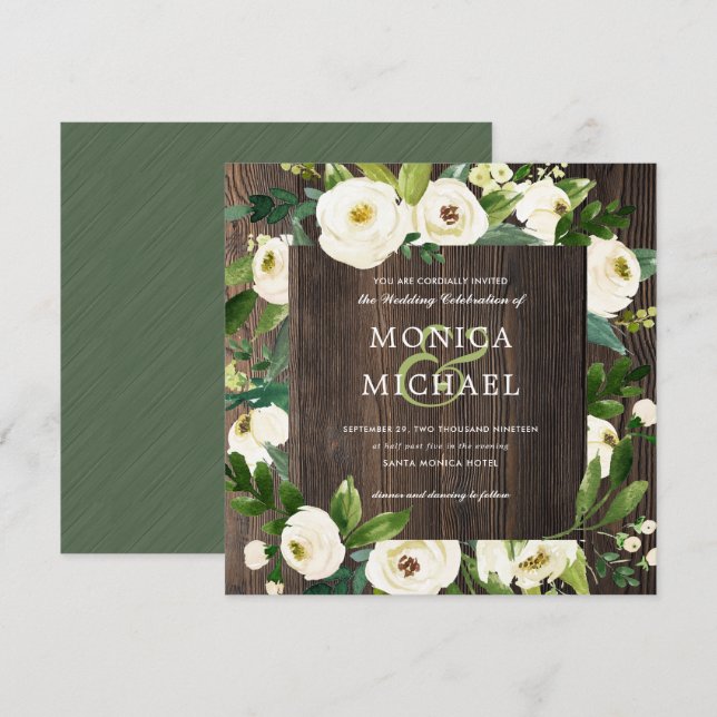 Invitación Bloom blanco | Boda Botánico Floral de Madera (Anverso / Reverso)