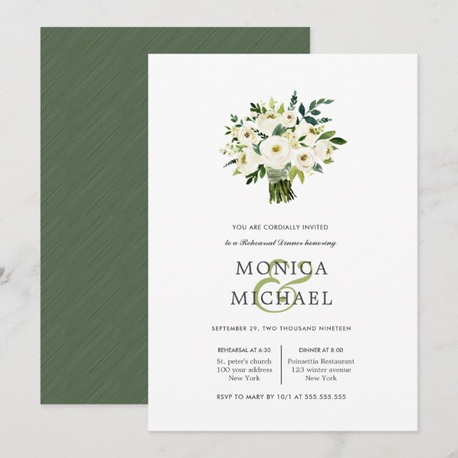 Invitación Bloom blanco | Boda de Bouquet Cena de ensayo (Anverso / Reverso)