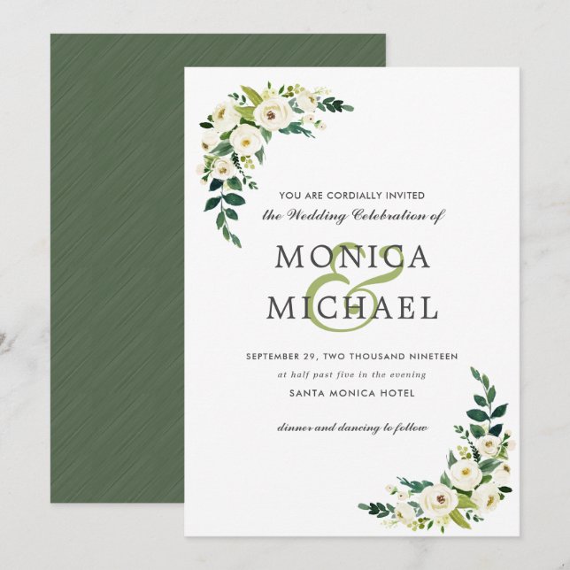 Invitación Bloom blanco | Boda de Esquina Botánica Floral (Anverso / Reverso)