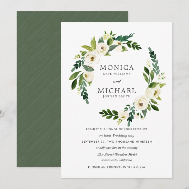 Invitación Bloom blanco | Elegante boda de guirnaldas florale (Anverso / Reverso)