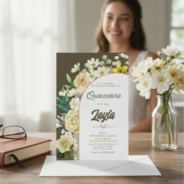 Invitación Bloom con belleza: Elegante floral amarilla (Elegant Yellow Floral Quinceañera Invitation)