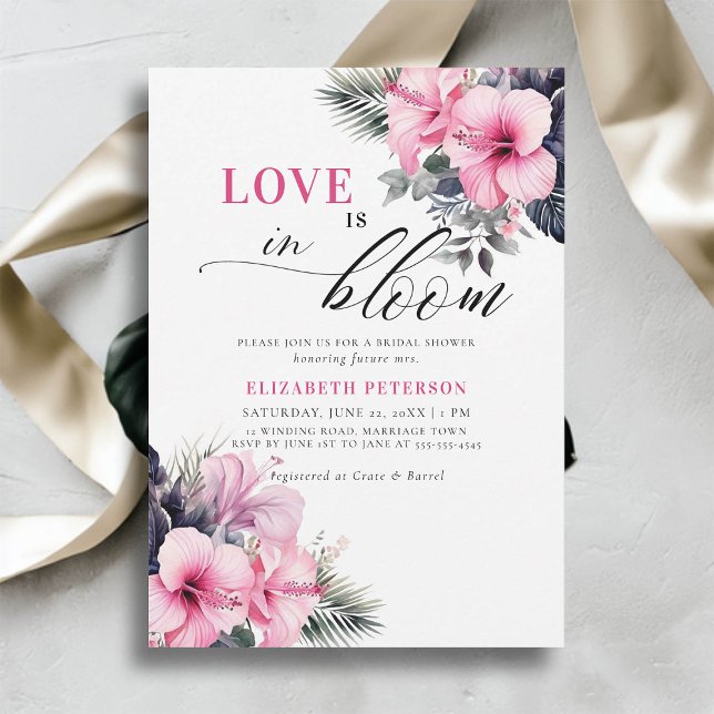 Invitación Bloom de amor Hibiscus Tropical Rosa Ducha de novi (love is in bloom bridal shower invitation tropical pink hibiscus flowers floral frame elegant chic)