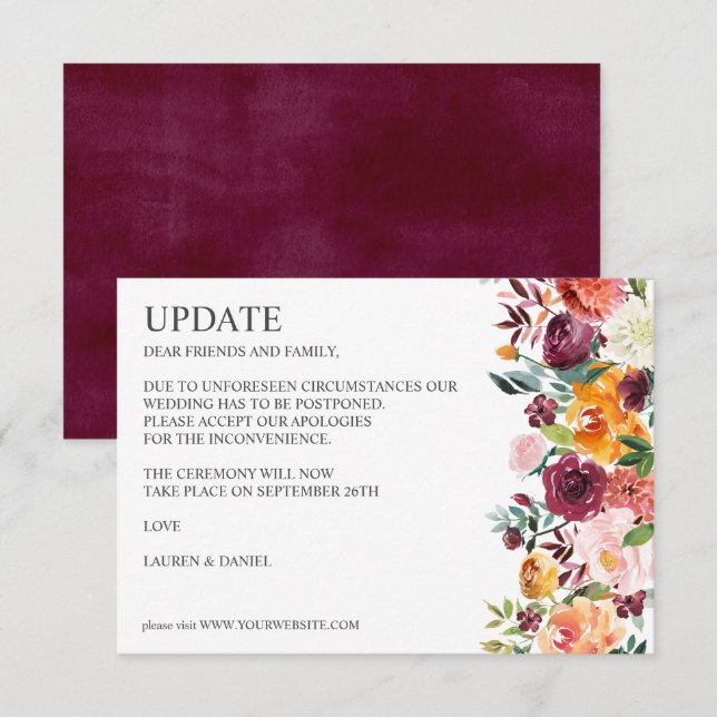 Invitación Bloom de Borgoña | ACTUALIZACIÓN DEL BODA Botánico (Anverso / Reverso)