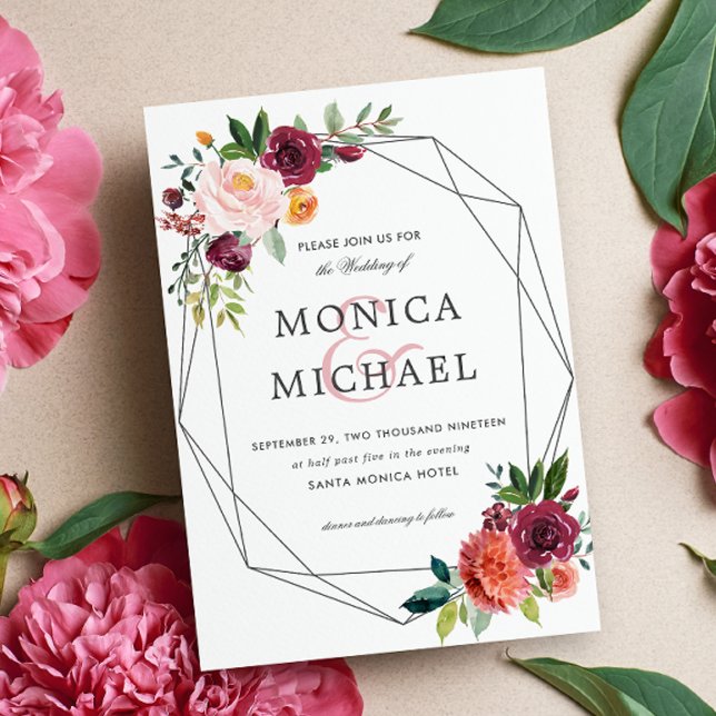 Invitación Bloom de país | Boda Botánico Geométrico Floral (Wedding invitation with burgundy orange and pink flowers and green, leaves. Elegant Country botanic)