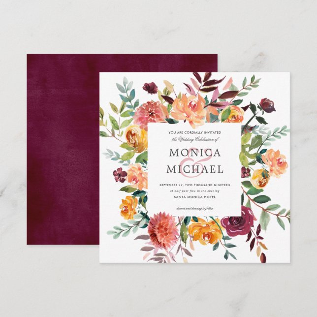 Invitación Bloom de país | Boda de marco botánico de otoño (Anverso / Reverso)