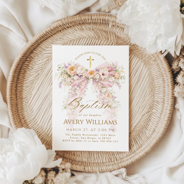 Invitación Bloom Floral Bow Girl Baptism (Subido por el creador)