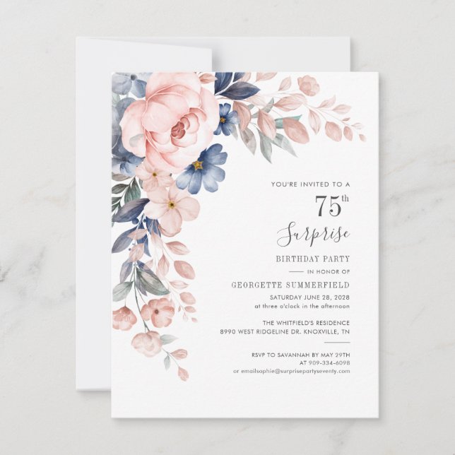Invitación Bloom floral rosado botánico 75º cumpleaños (Anverso)