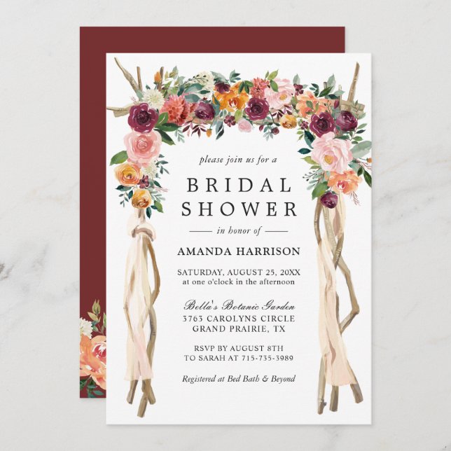 Invitación Bloom ruso Borgoña Rubor Floral Bridal Shower (Anverso / Reverso)