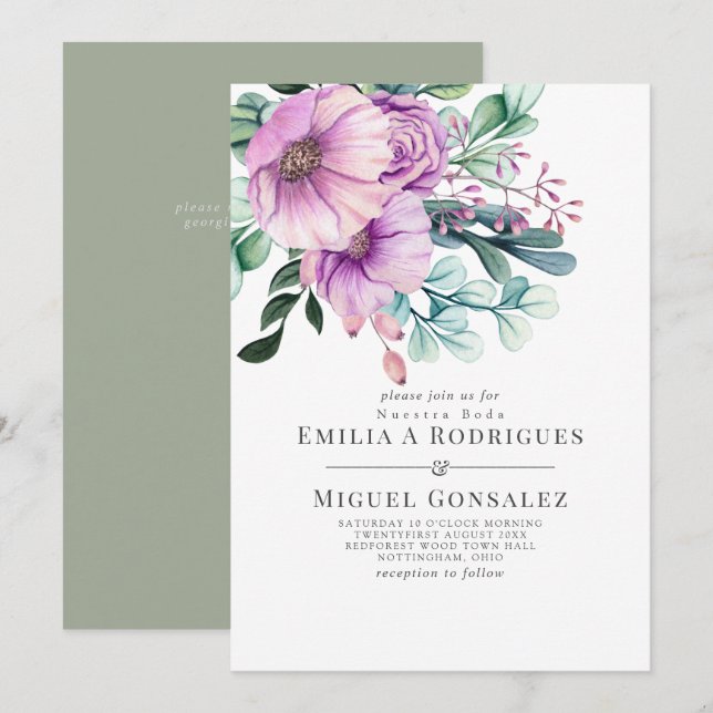 Invitación Bloom Rustico Púrpura Nuestra Boda Boda Española (Anverso / Reverso)