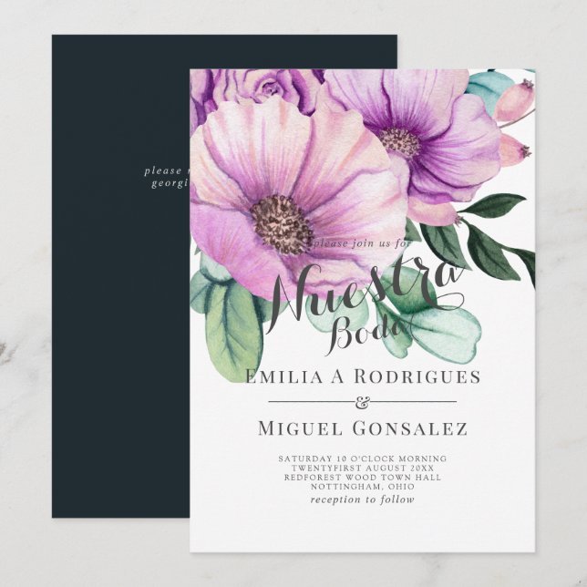 Invitación Bloom Rustico Púrpura Nuestra Boda Boda Española (Anverso / Reverso)