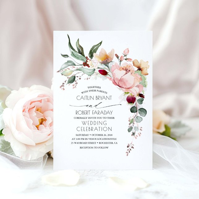 Invitación Bloom rústico y falso Rosa Boda de Relieve metaliz (Watercolor Flowers Rose Gold Foliage Wedding Invitation)