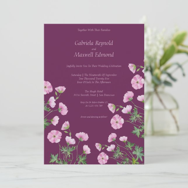 Invitación Bloom Simple Watercolor Geranium Boda (Anverso de pie)
