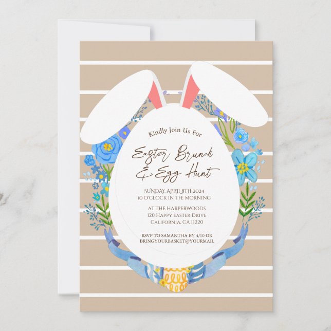 Invitación Bloom Spring Stripe Fiesta de brunch y caza de hue (Anverso)