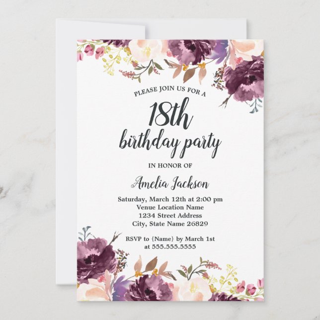 Invitación Bloom Watercolor Morado Floral 18 cumpleaños (Anverso)