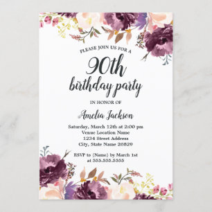 Invitación Bloom Watercolor Morado Floral 90 cumpleaños