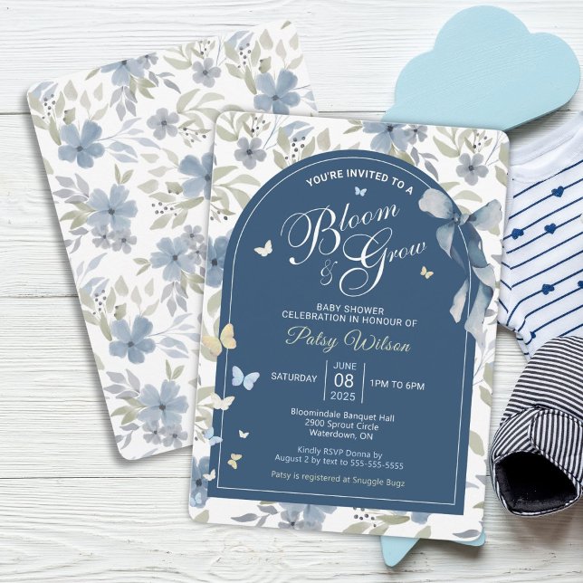 Invitación Bloom y Grow Baby Shower Invitation (Blue Floral Bloom and Grow Baby Shower Invitation)