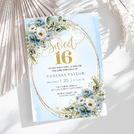 Invitación Blooming Dusty Blue Floral Sweet Sixteen Birthday