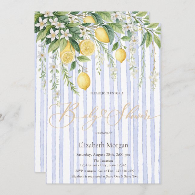Invitación  Blooming Lemons Blue Striped Baby Shower (Anverso / Reverso)
