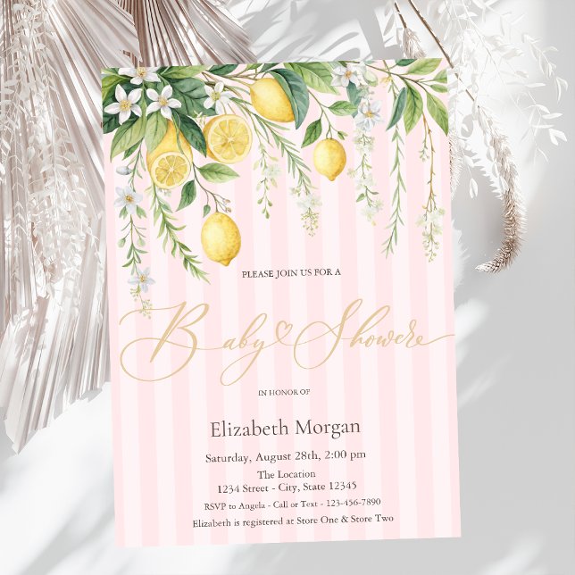 Invitación  Blooming Lemons Pink Striped Baby Shower (Subido por el creador)