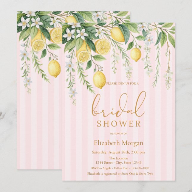 Invitación  Blooming Lemons Pink Striped Bridal Shower (Anverso / Reverso)