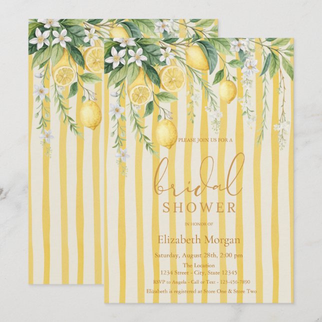 Invitación  Blooming Lemons Yellow Striped Bridal Shower (Anverso / Reverso)
