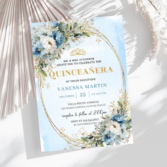 Invitación Blooming Pastel Blue Gold Eucalyptus Quinceañera  (Blooming Pastel Blue Gold Eucalyptus Quinceañera Invite

)