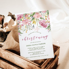 Invitación Blooms de Acuarela Rosado y Dorado Bautizo Floral