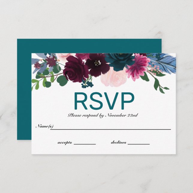 Invitación Blooms florales Verde azuladas - RSVP (Anverso / Reverso)