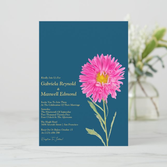 Invitación Blooms Nature Boda Floral Aster Rosa (Anverso de pie)
