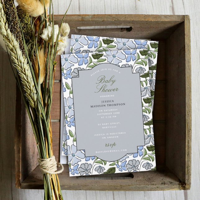 Invitación Bloque floral azul y verde Imprimir niño Baby Show (Blue and Green Floral Block Print Boy Baby Shower Invitation)