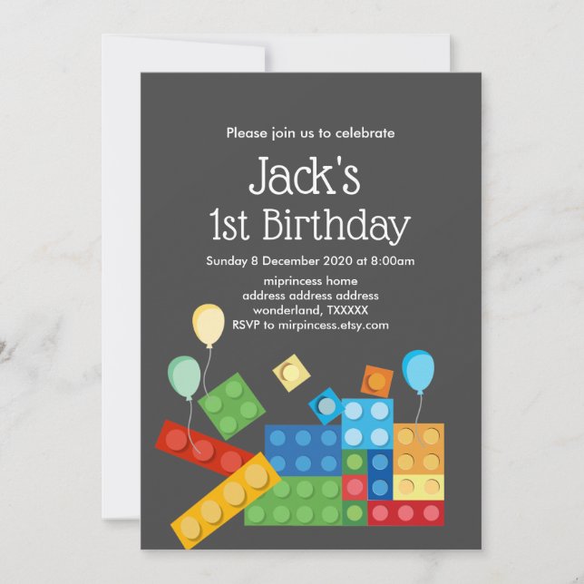 Invitación bloques de construcción cumpleaños niño (Anverso)