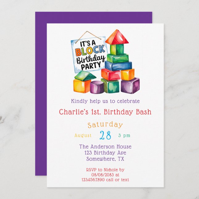 Invitación Bloques de construcción en el Bash de Cumpleaños (Anverso / Reverso)